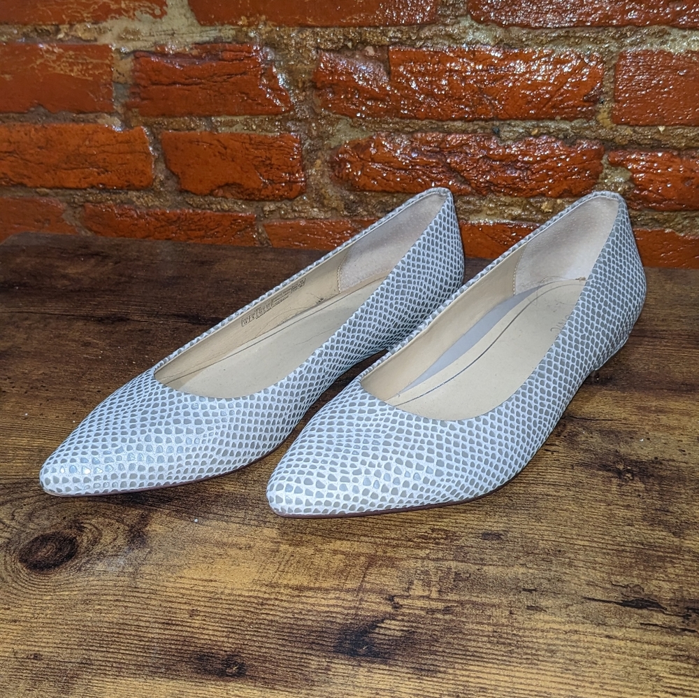 Vionic Caballo Pointed Flats Silver Snakeskin Size 10